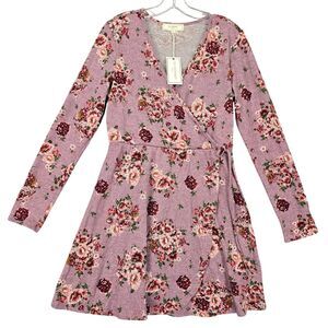 No Comment Purple Dress NEW Stretch Preppy Floral Long Sleeves Tie Women Size XL